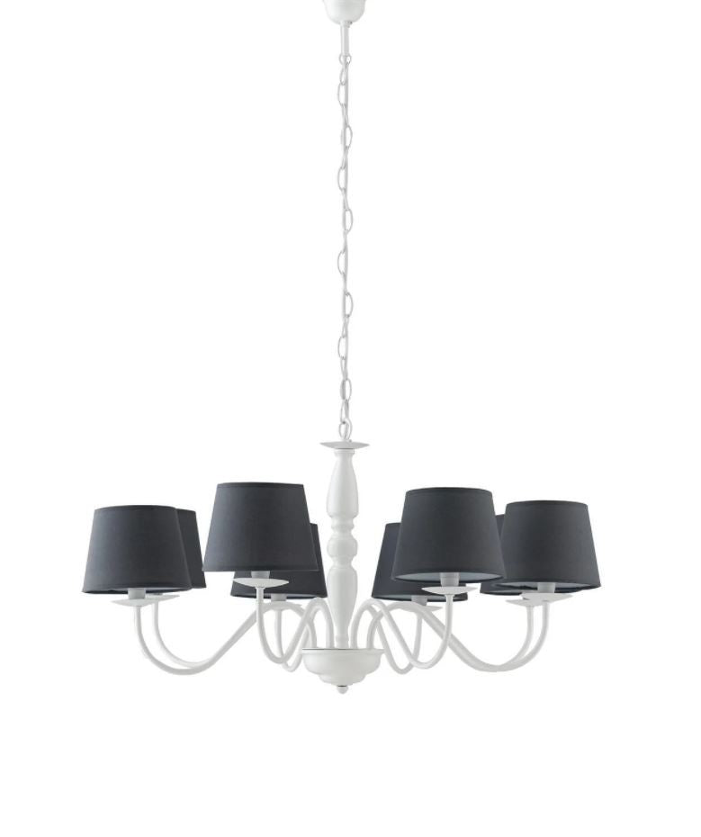 Sospensione 8 luci metallo bianco paralumi tessuto grigio 8XE14 non incl. FAVOLA Sospensione 8 luci metallo bianco paralumi tessuto grigio 8XE14 non incl. FAVOLA